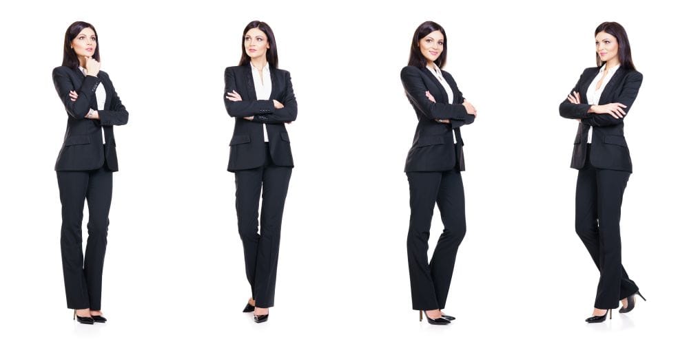 A woman in a black suit poses confidently in various positions against a plain white background