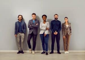 People modeling business casual clothing