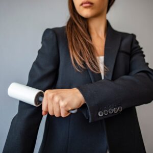 woman uses lint roller to clean her suit jacket