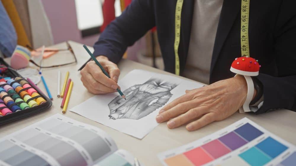 man sketches a suit while looking at fabric swatches