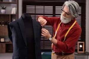 A designer stitching the interlining of a canvassed suit jacket by hand