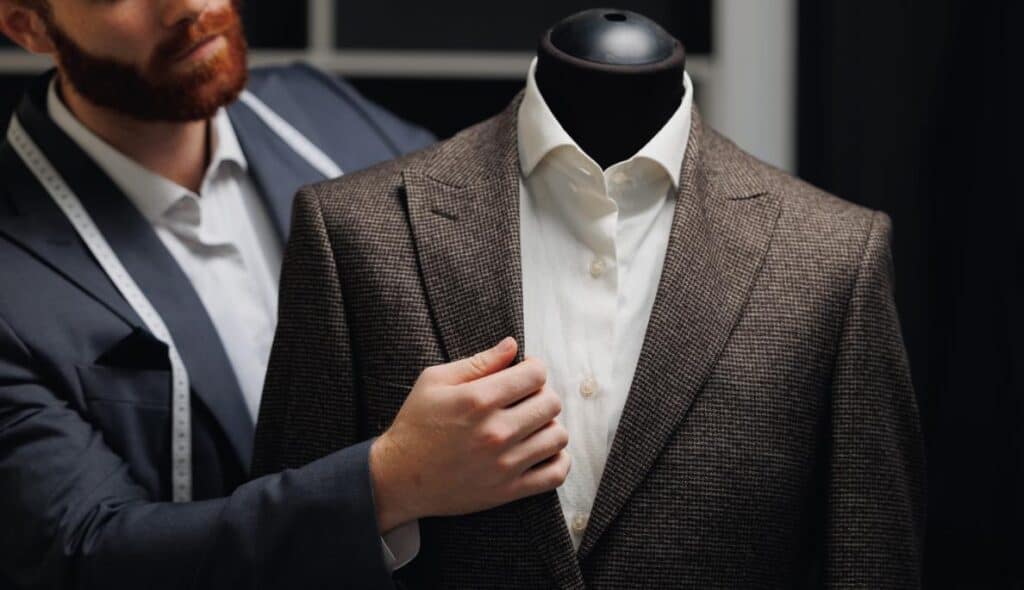 Tailor adjusting a herringbone tweed fabric jacket on a mannequin