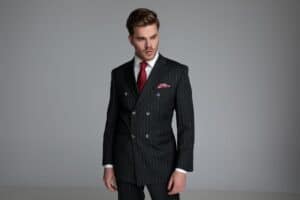 A man dressed in a double-breasted suit with peak lapels and a tailored fit